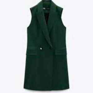Zara (M) Green Double Breasted Wide Lapel Fitted Waist Sleeveless Vest or Dress